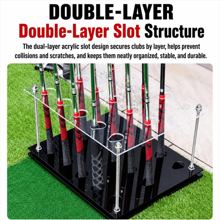 PGM double-layer acrylic golf club rack with upright clubs and clear side posts