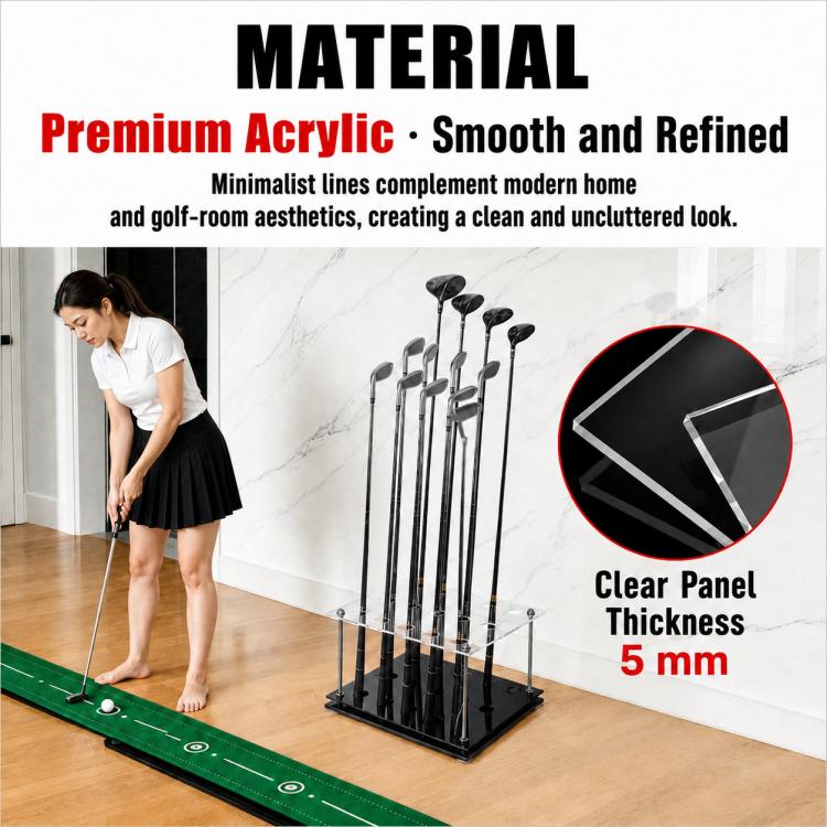 PGM clear acrylic panel golf club rack with black slot base and metal support rods