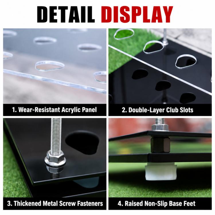 PGM acrylic golf club rack close-ups of clear panel slots, screws, and non-slip feet