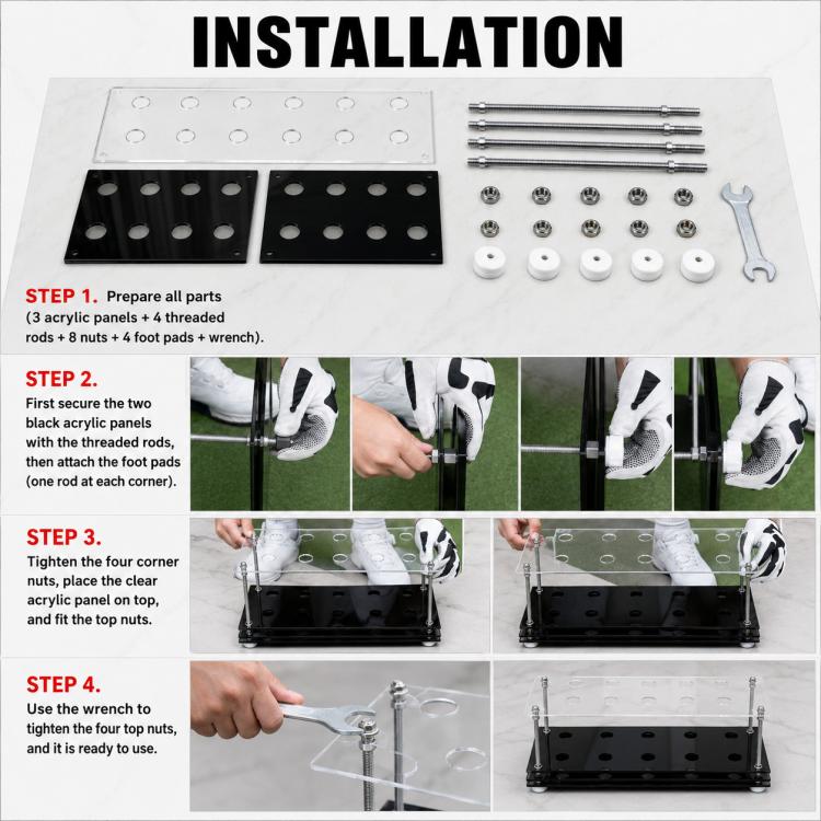 PGM acrylic golf club rack installation parts: panels, screws, and base pads