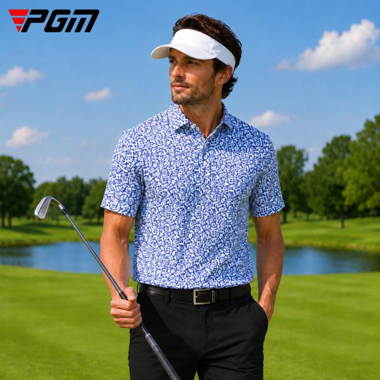 Men's blue-and-white patterned golf polo shirt, short sleeves, button placket