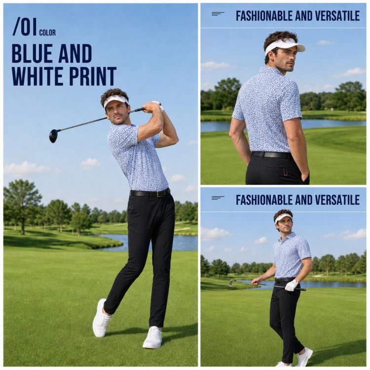 Men's blue-and-white printed golf polo shirt with collar, short sleeves