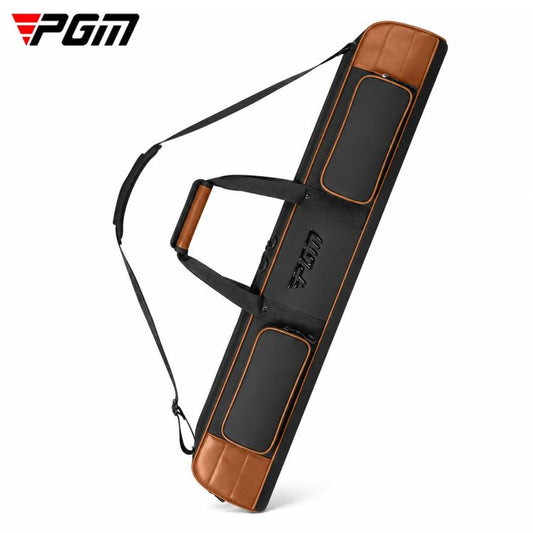Black and khaki water-repellent park golf club bag with shoulder strap and padded handle.