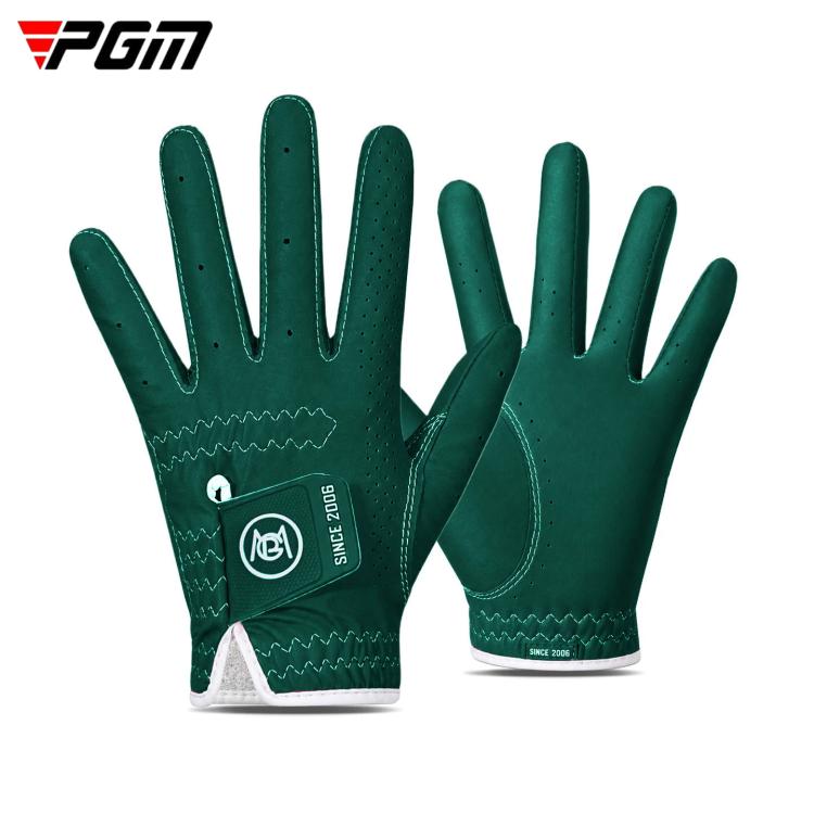 Pair of dark green kids golf gloves with perforated fingers and padded palm