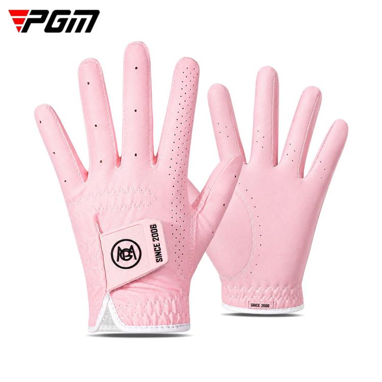 Pink kids golf gloves, perforated finger panels and cushioned palm