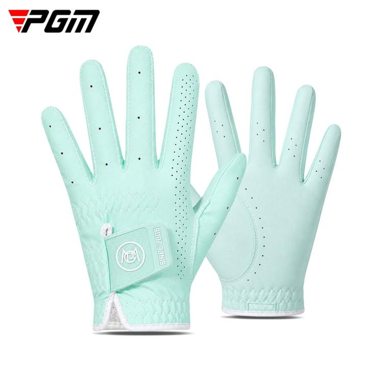 Mint blue kids golf gloves with perforated knuckles and cushioned palm