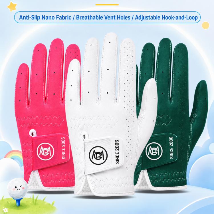Kids golf gloves set in pink, white, and green with non-slip breathable design
