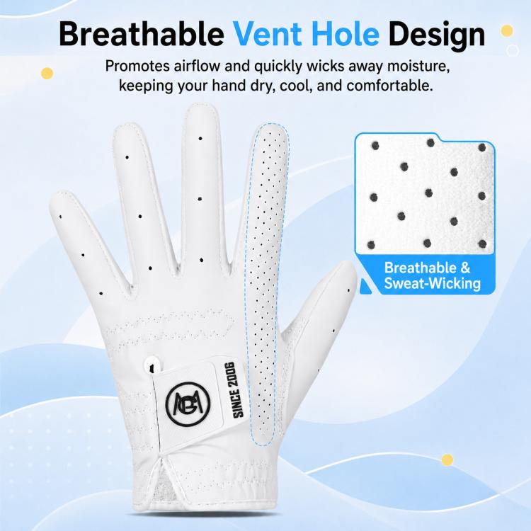 White kids golf glove with breathable vent hole pattern on fingers