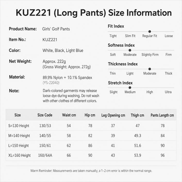 PGM KUZ221 Girls Breathable Golf Pants, S, M, L, XL