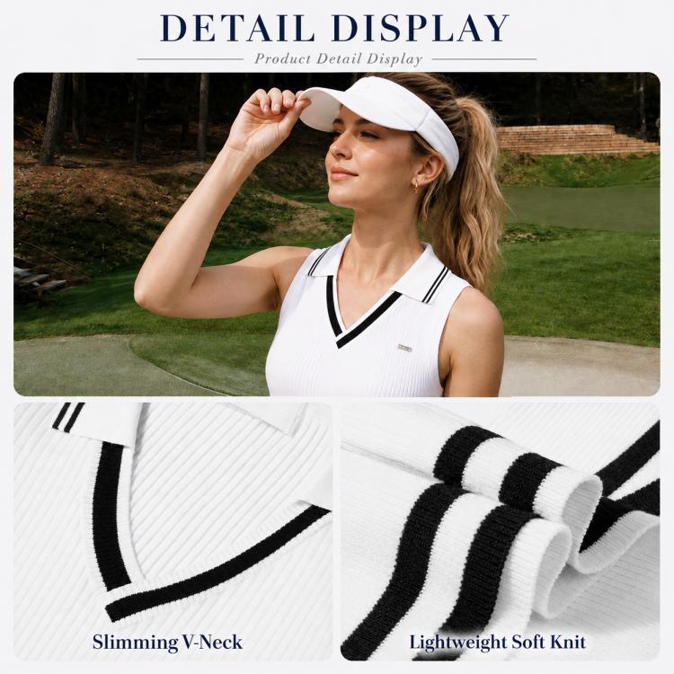 Women’s knit sports dress, sleeveless white with black V-neck trim