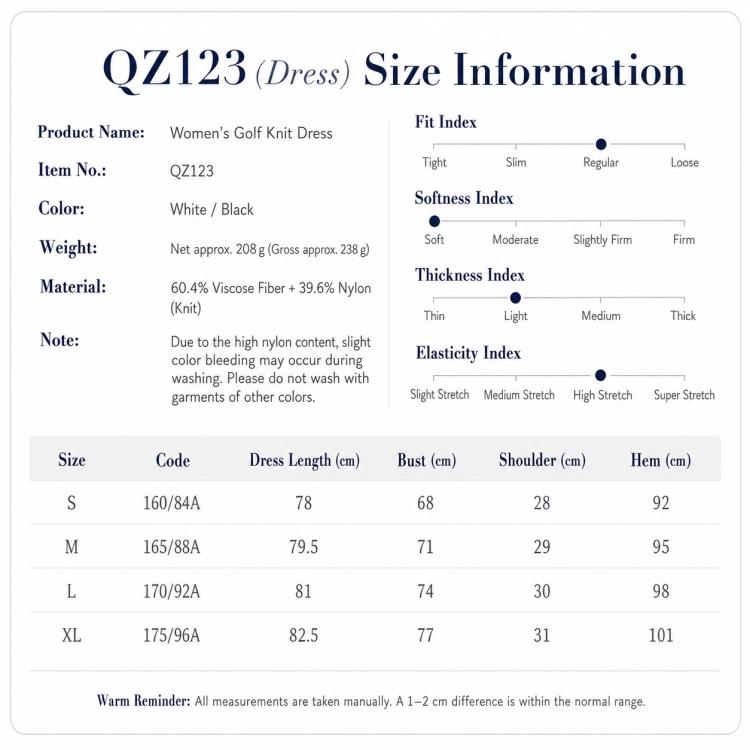Women’s knit sports dress size information chart with fit and material details