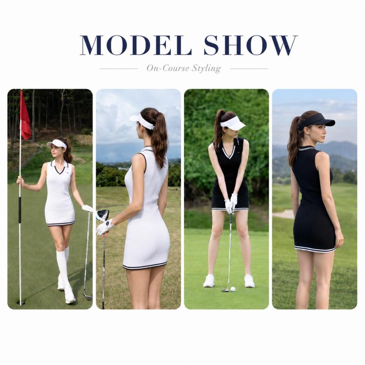 Women’s golf knit dress on model: sleeveless V-neck in white and black