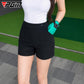 Women’s black slim-fit golf shorts with button closure and small pocket badge