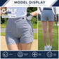 Women’s slim-fit golf shorts in gray with embroidered pocket and front button detail