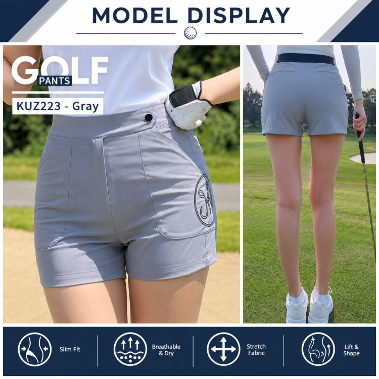 Women’s slim-fit golf shorts in gray with embroidered pocket and front button detail