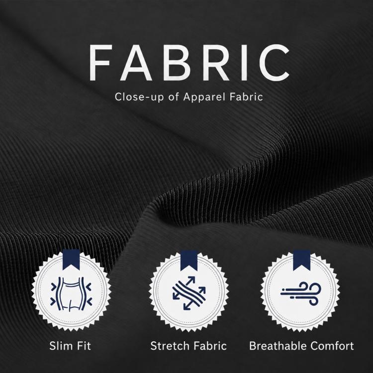 Black quick-dry fabric swatch with knit texture, stretch and breathable comfort icons