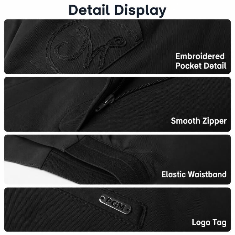 Black golf shorts details: embroidered pocket, smooth zipper, elastic waistband, logo tag
