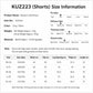 KUZ223 shorts size information chart with fit, softness, material, and measurement table