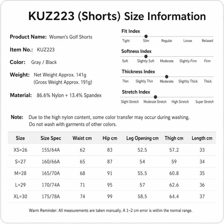 KUZ223 shorts size information chart with fit, softness, material, and measurement table