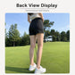 Women’s black golf shorts back view with smooth hem and elastic waistband