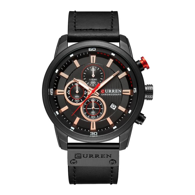 Men’s chronograph wrist watch with black dial, matte black case, and black vegan leather band