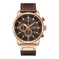 Men’s chronograph wrist watch with brown dial, rose-gold case, and dark brown vegan leather band