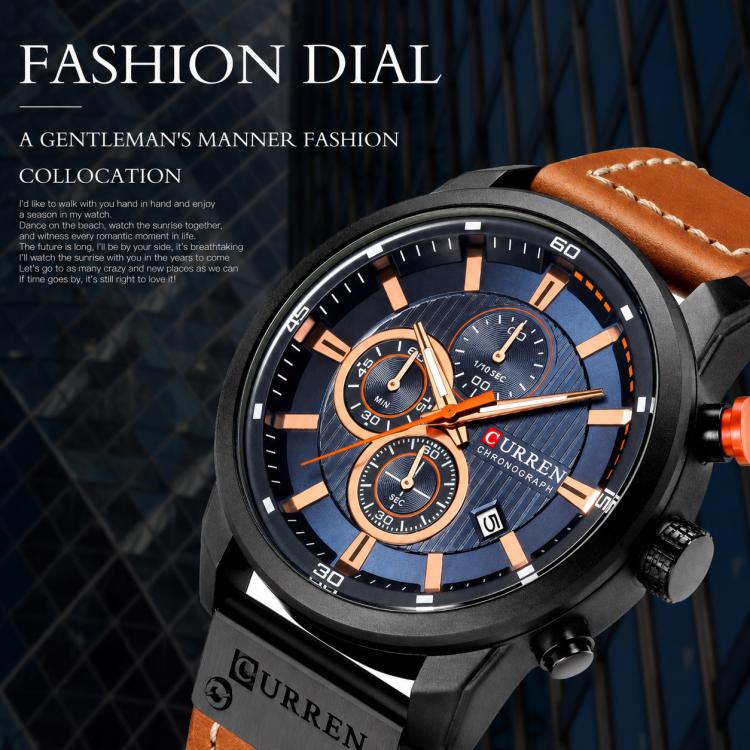 Men’s chronograph wrist watch close-up with orange-accent black dial and tan vegan leather band