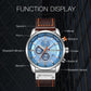 Men’s chronograph wrist watch with light blue dial, silver case, and brown vegan leather band