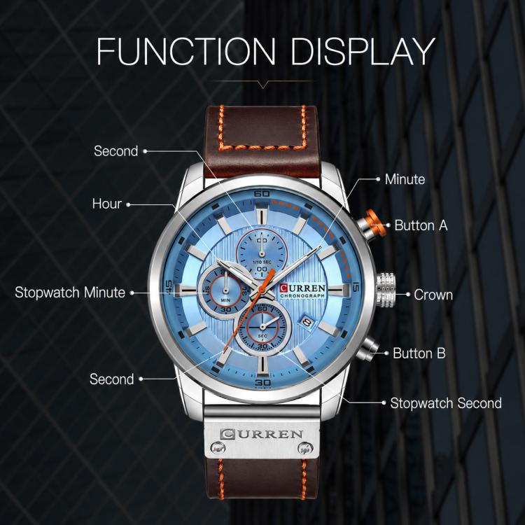 Men’s chronograph wrist watch with light blue dial, silver case, and brown vegan leather band