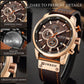 Men’s chronograph wrist watch with bronze dial, rose-gold case, and brown vegan leather band