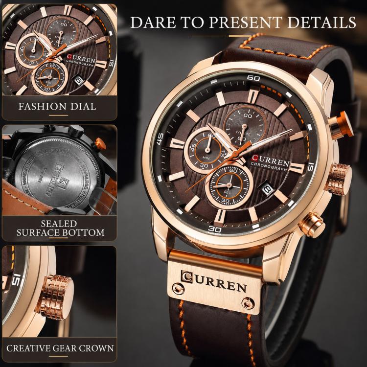 Men’s chronograph wrist watch with bronze dial, rose-gold case, and brown vegan leather band
