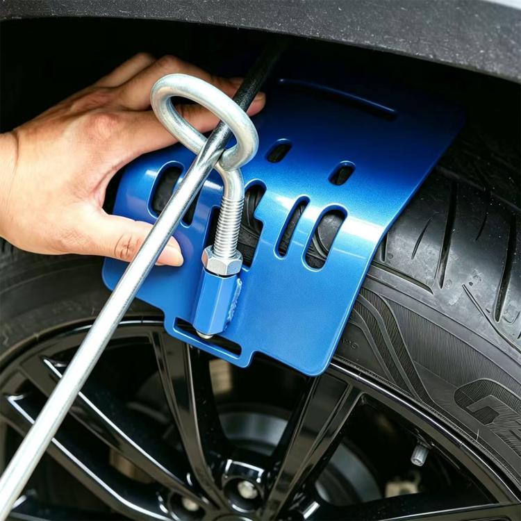 Blue tire dent repair holding stand with U-bolt handle and clamp screw, for wheel