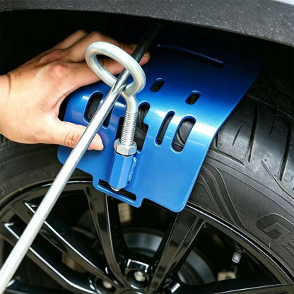 Blue tire dent repair holding stand with U-bolt handle and clamp screw, for wheel