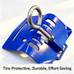 Blue tire dent repair holding stand with U-shaped handle and threaded screw clamp