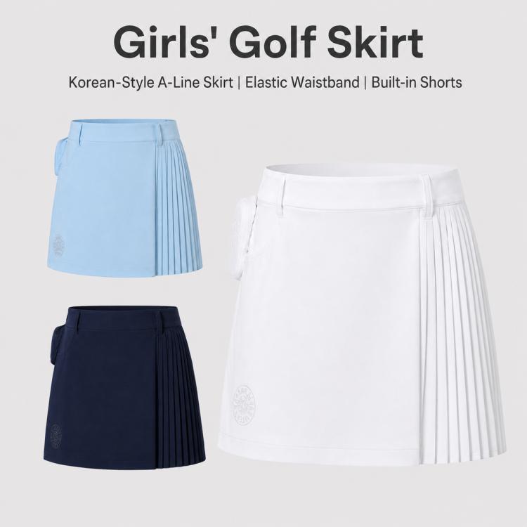 Girls golf skort color options: light blue, white, and navy pleated skirts