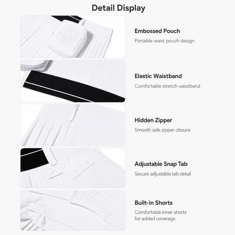 White golf skort detail: elastic waistband, hidden zipper, snap tab, built-in shorts