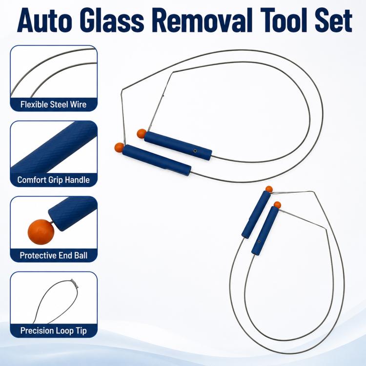 Car stereo removal wire puller set with two blue tools, orange end tips, and wire loops