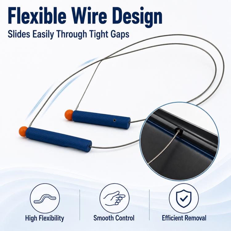 Car stereo removal wire puller tool with flexible wire loop, blue handle, and orange tips