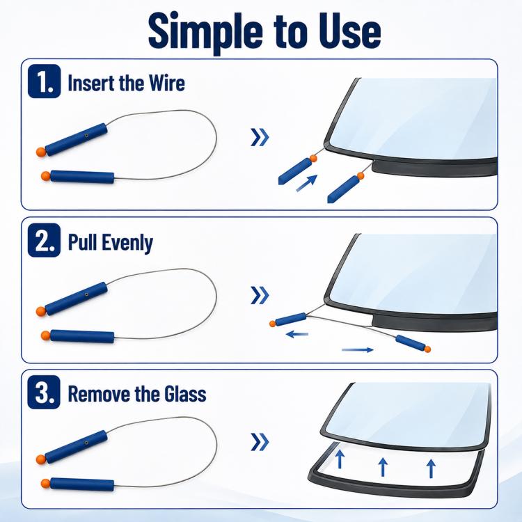 Car stereo removal wire puller tools with flexible loop wire, blue handles, and orange tips