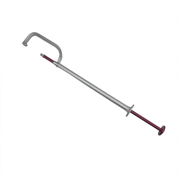 Metal brake disc thickness gauge with red measurement bar and U-shaped hook