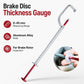 Brake disc thickness gauge tool with U-hook, red slider, and long silver rod