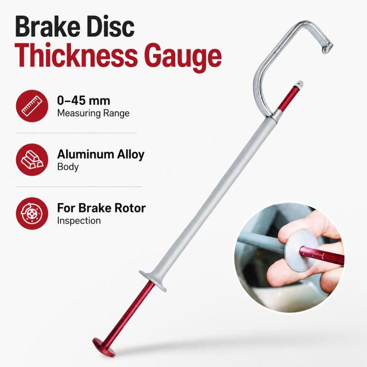 Brake disc thickness gauge tool with U-hook, red slider, and long silver rod