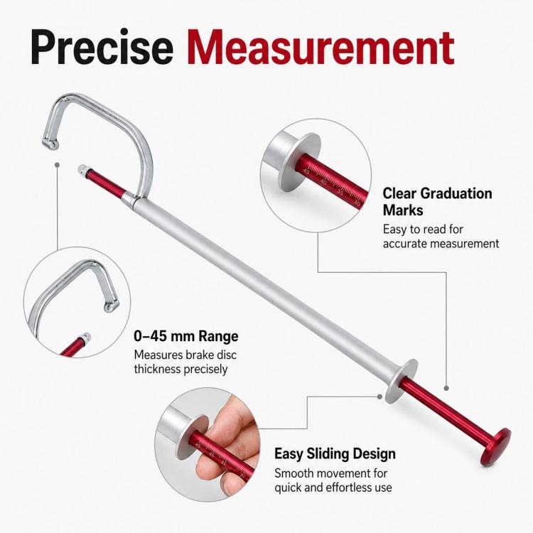 Brake disc thickness gauge with red graduated rod and U-shaped measurement hook