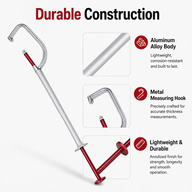 Aluminum brake disc thickness gauge with red U-hook measuring ends