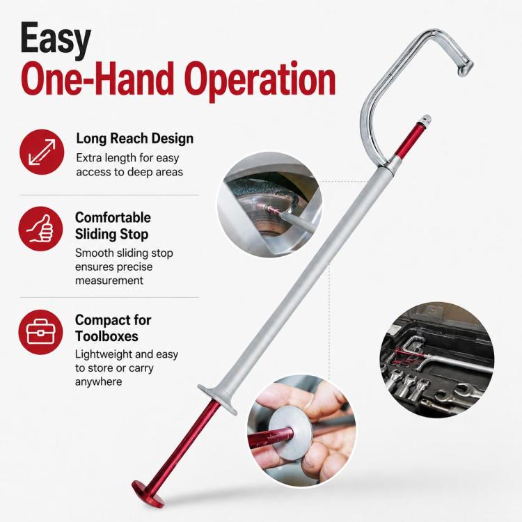 Brake disc thickness gauge with long silver rod and red handle grips