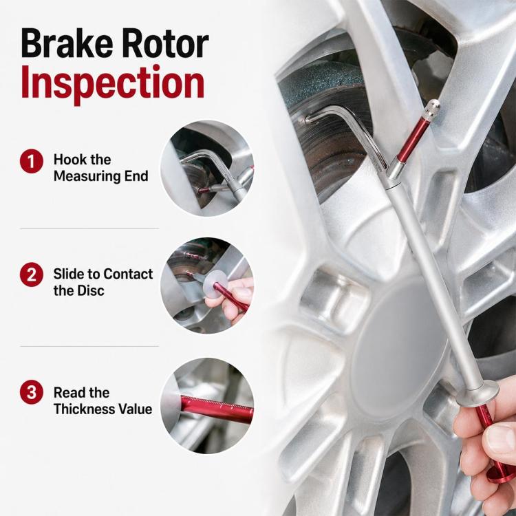 Brake rotor inspection thickness gauge with red rod and U-hook for measuring