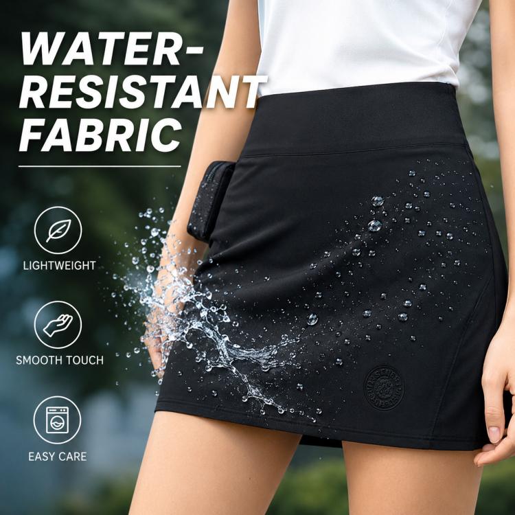 Women’s water-resistant pleated sports skirt, black with smooth finish and subtle logo