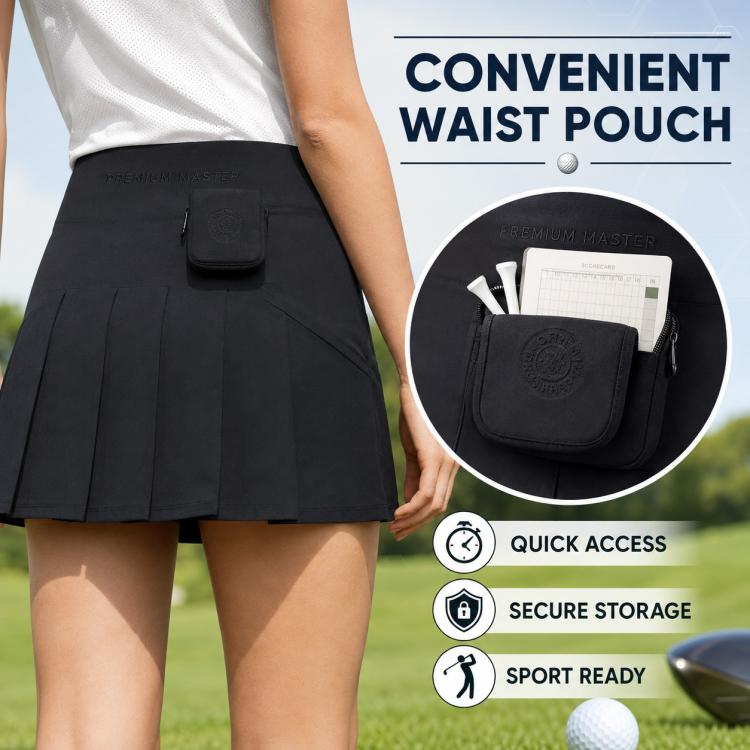 Women’s pleated sports skirt with attached waist pouch, black A-line fit