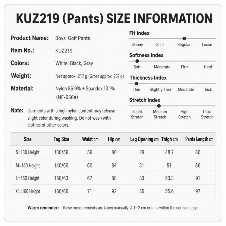 PGM KUZ219 Boy Stretch Breathable Golf Pants, S, M, L, XL