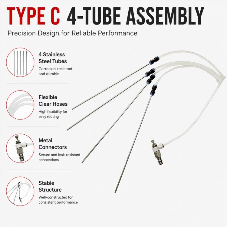 Four-tube cleaning assembly with clear flexible hoses and metal connectors